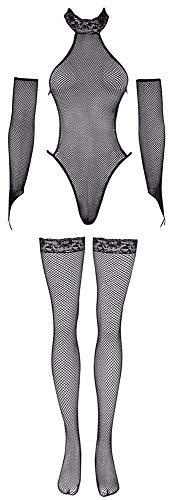 Orion Stringbody-Set - 3-teiliges Body-Set für Frauen, mit erotischen Armstulpen, Strümpfe mit Spitzenabschluss, transparente Mesh-Details, schwarz von Orion