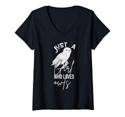 Damen Nur ein Mädchen das Eulen liebt Weiser Vogel Geschenk Eule T-Shirt mit V-Ausschnitt von Ornithologen Tiermotiv Eule Kauz