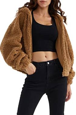 Orolay Faux Shearling Flauschiger Mantel für Damen Kurze Teddyjacke mit Kapuze Khaki L von Orolay