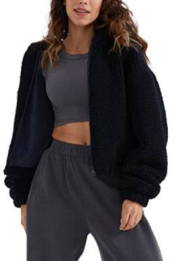 Orolay Faux Shearling Flauschiger Mantel für Damen Kurze Teddyjacke mit Kapuze Marine M von Orolay