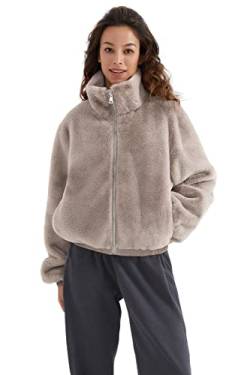 Orolay Sherpa Mantel für Damen Flauschige Fleecejacke Reißverschluss mit Taschen Kurze Jacke Grau L von Orolay