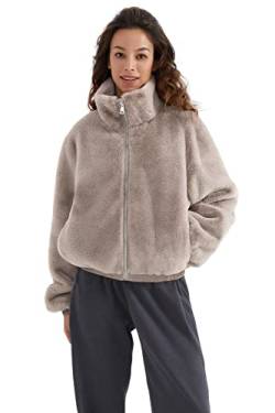 Orolay Sherpa Mantel für Damen Flauschige Fleecejacke Reißverschluss mit Taschen Kurze Jacke Grau M von Orolay