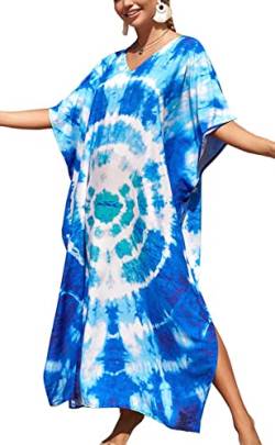 Orshoy Damen Baumwolle Kaftan Maxi Strandkleid Bikini Coverups Beachwear Turkish Kaftans Long Swimsuit lose Oversize Bikini Umhang Langes Kleid One Size A-Blau Tie-dye von Orshoy