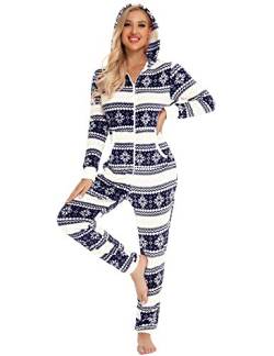 Orshoy Damen Fleece Einteiler Nachtwäsche Onesie Pajama Strampelanzug Weihnachten Schlafanzüge Overall lang Weihnachtspyjama Freizeitanzug Warm mit Kapuze Blau(Eiskristalle) S von Orshoy