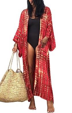 Orshoy Damen Front Offen Lang Cardigan Kimono Causal Cardigan Sommer Boho 3/4 Arm Strand Cover Up Beach Kleid für Frauen Beachwear E-Rot von Orshoy