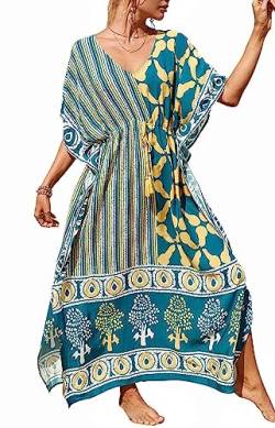 Orshoy Damen Geometrische Kaftan-Kleid Sommer Strandkleid Bikini Cover Up Strandponcho Kleid Boho Lang Kleid Elegant Freizeitkleid Boho Kleid Beach Dress Bedecken Pareos Grün gelb von Orshoy