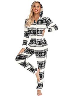 Orshoy Damen Jumpsuit Fleece Einteiler Nachtwäsche Onesie Pajama Strampelanzug Schlafanzüge Overall Warm Weihnachten Ganzkörperanzug mit Kapuze Schwarz(Eiskristalle) XL von Orshoy