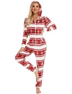 Orshoy Damen Jumpsuit Schlafoverall Ganzkörperanzug Schlafanzug Pyjama Nachtwäsche Strampelanzug Herbst und Winter Hausanzug Overall Mit Kapuze und Reißverschluss Rosa(Eiskristalle) XL von Orshoy