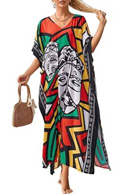 Orshoy Damen Kaftan Strandkleid Pareo Blumendruck Kimono Maxi Langes Kleid Tunika Ethnischer Maxikleid Bikini Cover ups Pareo Stillkleid Umstandskleid Einheitsgröße A-Print 1 von Orshoy