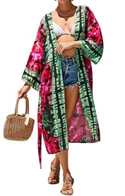 Orshoy Damen Kimono Cardigan Strand Sommer Boho Strandkleid Sommer Strand Pareos Bedecken Paroes Beachwear Strandbekleidung Bluse Top Beachwear Bedecken A-Rose/Grün von Orshoy