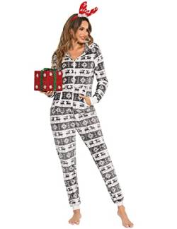 Orshoy Damen Mädchen Schlafoverall Onesie Alles in Einem Beiläufig Nachtwäsche Winter Kuschelig Jumpsuit Schlafanzüge Mit Kapuze Grau & Renntier L von Orshoy