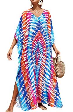 Orshoy Damen Maxi Kaftan Tunika Kaftan Beach Maxikleid Ethnischer Druck Lose Kaftan Smock Sommer Maxikleid Elegante Strandponcho Bademode A-Blau/rot von Orshoy