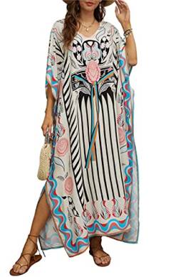 Orshoy Damen Maxikleid Ethno-Print Bikini-Überwurf Strand Kaftan-Kleid Lange Kleid V-Ausschnitt Kleider Böhmisch Kleid Maxikleid Drucken Boho Sommer Lang Kleid A-Print 5 von Orshoy