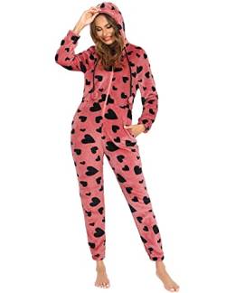 Orshoy Damen Onesie mit Herzprints Jumpsuit, Overall, Einteiler mit Bündchen an Arm- und Beinabschluss Rosa M von Orshoy