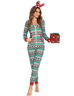 Orshoy Damen Pyjamas Jumpsuit Weihnachten Einteiliger Pyjama mit Kapuze Herbst Winter Adult Jumpsuits Homewear Lang Overall Hosenanzug Overall Festlich Grün XL von Orshoy