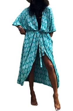 Orshoy Damen Sommer Boho Kimono Lang Strand Cardigan Leichte Strickjacke Beachwear Bikini Cover Up Maxi Strandkleid B-Pfau blau von Orshoy