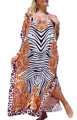 Orshoy Damen Sommerkleid Kurzarm Tief V-Ausschnitt Print Beach Übergröße Kaftan Beach Long Dress Casual Beach Kaftan Loungewear Swimsuit Cover Up mit Schlitz B-Zebra orange-rot von Orshoy