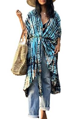 Orshoy Damen Strandkleid Bedecken Pareos Bikini Cover Up Strandponcho Kimono Cardigan Morgenmantel Lange Sommer Bluse Strand Bademode Bikini Umhang Strand Cover Up Blau 2 von Orshoy