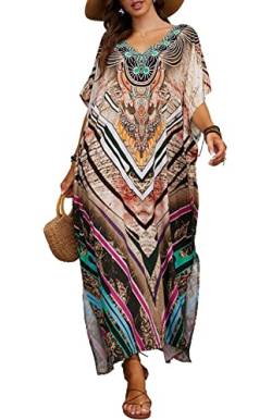 Orshoy Damen Strandkleid Bikini Cover Up Sommer Strandponcho Bademode V-Ausschnitt Strand Lose Causal Kleid mit Drucken Lang Freizeitkleid Umstandskleid Sommer A-Kaffee von Orshoy