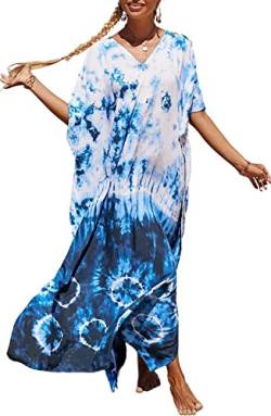 Orshoy Damen Strandkleid Bikini Cover Up Sommerkleid Maxi Kaftan Sommer Strandponcho Maxikleid V-Ausschnitt Freizeitkleid Nachtwäsche Badeanzug Beach Cover Up Bedecken Pareos A-Weiß Blau von Orshoy