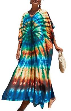 Orshoy Damen Strandkleid Bikini Cover Up Sommerkleid Maxi Kaftan Sommer Strandponcho Maxikleid V-Ausschnitt Freizeitkleid Nachtwäsche Badeanzug Beach Cover Up Bedecken Pareos Grün Orange von Orshoy