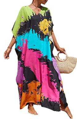 Orshoy Damen Strandkleid Bikini Cover Up Sommerkleid Maxi Kaftan Sommer Strandponcho Maxikleid V-Ausschnitt Freizeitkleid Nachtwäsche Badeanzug Beach Cover Up Bedecken Pareos Muster 1 von Orshoy