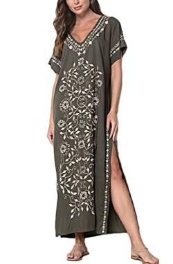 Orshoy Damen Strandkleid Boho Strandponcho Lange Bikini Cover Ups Sommerkleid Sommer Maxikleid Lose Baumwolle Kaftan Langes Kleid für Urlaub und Strand One Size Armee grün von Orshoy