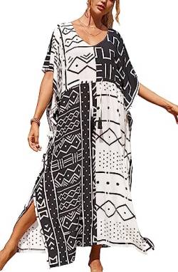 Orshoy Damen Strandkleid Kaftan Lang Strandtunika V Ausschnitt Sommer Strandponcho Bikini Cover Up Caftan Plus Size Strandkleid Strandurlaub mit Kordelzug Schwarz Weiß von Orshoy