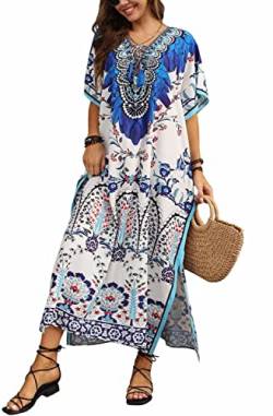 Orshoy Damen Strandkleid Kaftan Sommerkleid Lange Kleid Maxikleid Bikini Cover ups Strandponcho Sommer Badeanzug Freizeitkleid A-Weiß blau von Orshoy