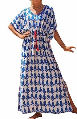 Orshoy Damen Strandkleid Lang Bikini Cover Up Sommer Strandponcho Bademode V-Ausschnitt Strand Lose Sommer Pareos Maxi Langes Kleid Loungewear mit Taille Kordelzug Blau Weiß von Orshoy