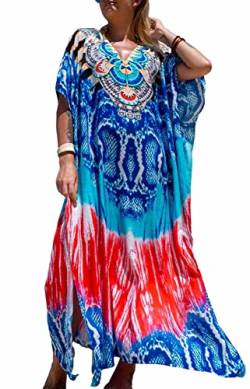 Orshoy Damen Strandkleid Lang Sommer Maxikleid Strandponcho Bikini Cover Ups Lässige Langkleider Freizeitkleid Strand Maxi Kaftan Kleid Lang Strand Umhang Sleepwear B-Blau und Rot von Orshoy