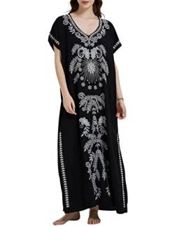 Orshoy Damen Strandkleid Lange Bikini Cover Ups Sommerkleid Sommer Maxikleid Lose Baumwolle Kaftan Langes Kleid für Urlaub und Strand W1 Schwarz mit weißer Stickerei von Orshoy