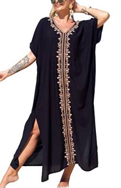 Orshoy Damen Strandkleid Lose Kaftan Kleid Lange Bikini Cover Ups Sommer Maxikleid Beach Maxi Dresses Blumenstickerei Kleid Beachwear Strand Pareos Strandurlaub E-Schwarz4 von Orshoy