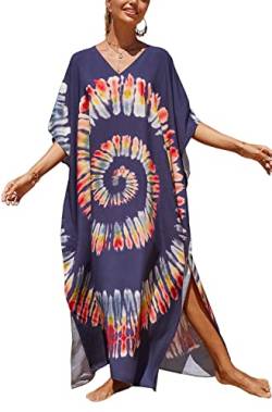 Orshoy Damen Strandkleid Maxi Kaftan Boho Strandponcho Lange Bikini Cover Ups Sommerkleid Maxikleid Lose Maxi Kimono Kaftan Nachtwäsche A-Navyblau Farbkreis von Orshoy