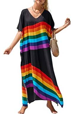 Orshoy Damen Strandkleid Maxikleid Kaftan Lange Strandponcho Sommer Boho Pareos Ethnischer Druck Lose Kaftan Lange Freizeitkleider V-Ausschnitt Maxi Kaftan Kleid A-Regenbogen von Orshoy