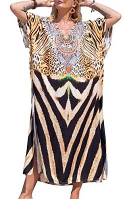 Orshoy Damen Strandkleid Sommerkleid Lose Baumwolle Kaftan Sommer Maxikleid Boho Strandponcho Langes Kleid Beachwear Boho Kleid Maxi Kaftan Kleid One Size B-Leoparden Tigerdruck von Orshoy