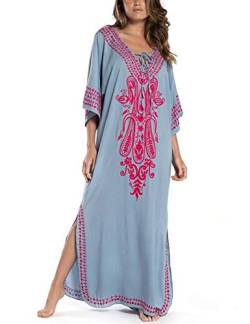 Orshoy Damen Strandkleider Lang Kimono Badeanzug Cover Ups Sommerkleid Sommer Maxikleid für Urlaub und Strand Sommer Baumwolle Blumenstickerei Langes Kleid A01 Grau von Orshoy