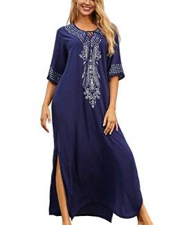 Orshoy Langer Kaftan Böhmischer Kimono Maxi Nachthemd Strand Vertuschen Kleid für Frauen Maxi Bohemian Dress Beach Coverup Nachthemd Sleepshirt Schlafanzug A01 Navy Blau von Orshoy