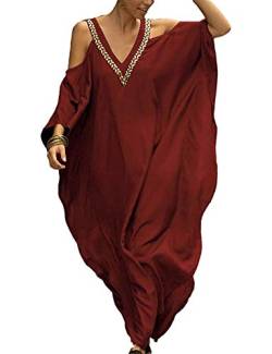 Orshoy Maxikleider Damen Sommerkleid Kaftan Maxikleid Strandkleid Lang Damenkleider Mit Ärmel Langes Kleid für Urlaub und Strand Bademode Freie Größe A-Weinrot OneSize von Orshoy