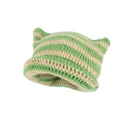 Fairy Grunge Beanie Y2K Cat in The Hat Striped Crochet Slouchy Hat Winter Warm Knitted Alt Headwear Accessories, Grün , Medium von Orvila