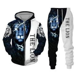 Osheoiso 2 Teilig Herren Jogginganzug Bekleidungsset mit Löwen Tigermuster Zweiteiler Sportanzug Freizeitanzug Outfit Set Sweatshirt Hoodie Zip Jacke Sweathose A 7 M von Osheoiso