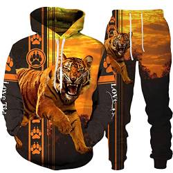 Osheoiso 2 Teilig Herren Jogginganzug Bekleidungsset mit Löwen Tigermuster Zweiteiler Sportanzug Freizeitanzug Outfit Set Sweatshirt Sweathose J 3 XL von Osheoiso