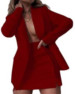 Osheoiso 2 Teiliger Damen Business Blazer mit Kurzem Anzug Rock Anzug Zweiteiler Einfarbig Casual Anzug Set Langarm Kleine Sommer Leicht Mantel Blazerjacke A Weinrot XL von Osheoiso