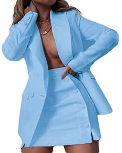 Osheoiso 2 Teiliger Damen Business Blazer mit Kurzem Anzug Rock Anzug Zweiteiler Elegant Einfarbig Anzug Set Langarm Kleine Sommer Leicht Mantel Blazerjacke A Blau L von Osheoiso