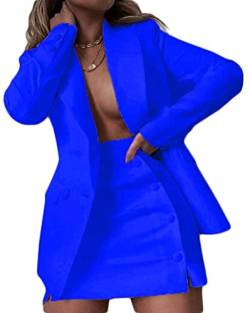 Osheoiso 2 Teiliger Damen Business Blazer mit Kurzem Anzug Rock Anzug Zweiteiler Elegant Einfarbig Anzug Set Langarm Kleine Sommer Leicht Mantel Blazerjacke A Dunkelblau L von Osheoiso