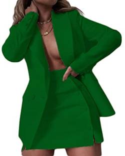 Osheoiso 2 Teiliger Damen Business Blazer mit Kurzem Anzug Rock Anzug Zweiteiler Elegant Einfarbig Anzug Set Langarm Kleine Sommer Leicht Mantel Blazerjacke A Grün L von Osheoiso