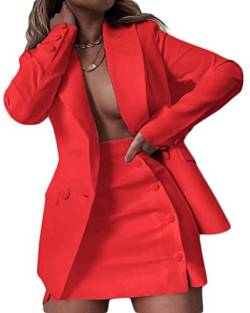 Osheoiso 2 Teiliger Damen Business Blazer mit Kurzem Anzug Rock Anzug Zweiteiler Elegant Einfarbig Anzug Set Langarm Kleine Sommer Leicht Mantel Blazerjacke A Rot L von Osheoiso