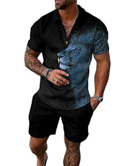 Osheoiso 2 Teiliges Sommersportanzug T-Shirts + Kurze Hose Sets Casual Freizeitanzug Suit Outfit Kurzarm Sporthose T-Shirt Männer Trainingsanzug Sporthose Mit Taschen Pattern J M von Osheoiso