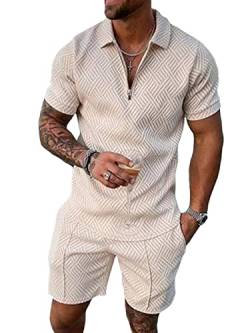 Osheoiso 2 Teiliges Sommersportanzug T-Shirts + Kurze Hose Sets Casual Freizeitanzug Suit Outfit Kurzarm T-Shirt Männer Trainingsanzug Sporthose mit Reißverschluss A Khaki XXL von Osheoiso