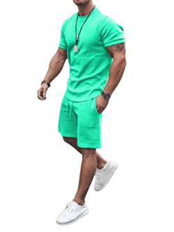 Osheoiso 2 Teiliges Sommersportanzug T-Shirts + Kurze Hose Sets Freizeitanzug Suit Outfit Sport Set Kurzarm Sporthose T-Shirt Männer Trainingsanzug Sporthose Mit Taschen A Blauer See L von Osheoiso